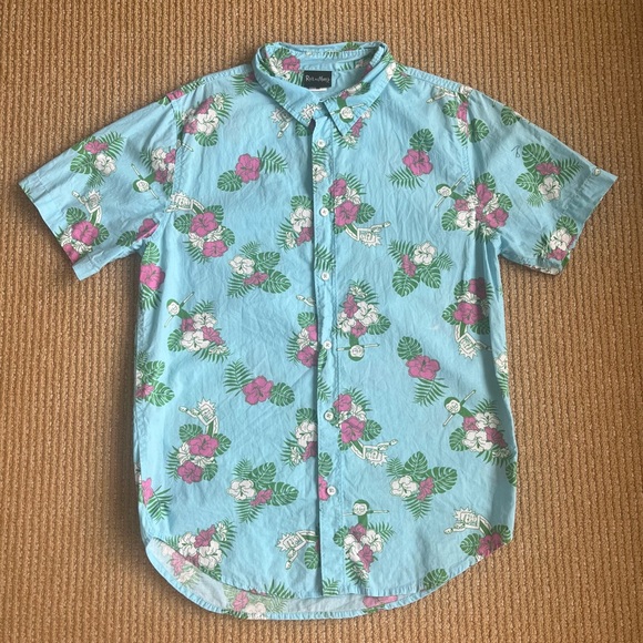 Rick & Morty Mens SeaFoam Blue Hawaiian Button-Down Shirt Short Sleeve SZ M - Picture 1 of 14
